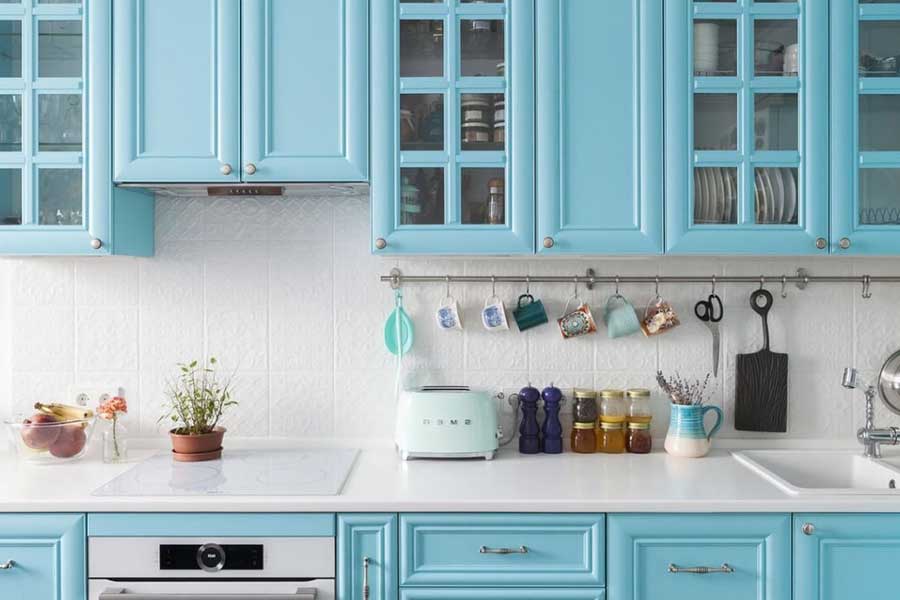 Blue Small Kitchen Paint Ideas with White Cabinets